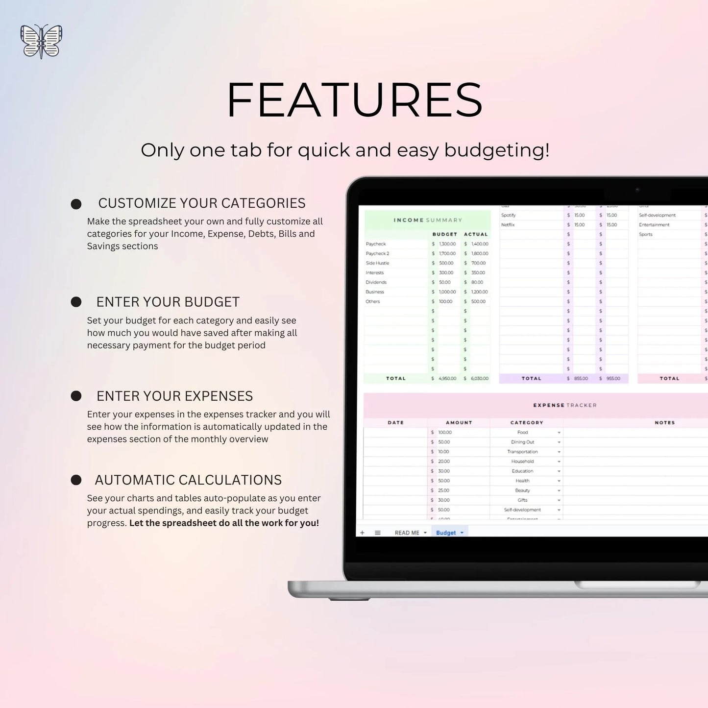 Ultimate Monthly Budget Spreadsheet| Google Sheets Template | Easy One-tab Finance Planner